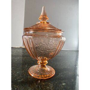 Anchor Hocking Depression Glass, Mayfair Rose, Pink Footed, Covered Candy Dish